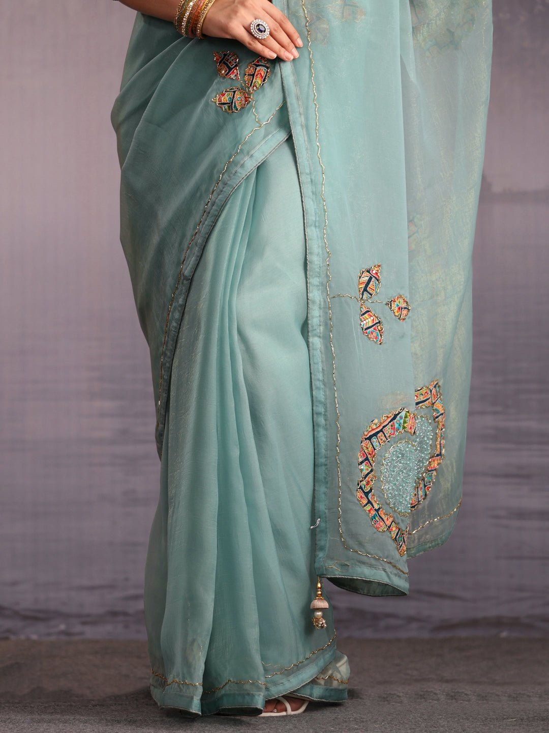 Libas Blue Embellished Tissue Saree with Applique Work