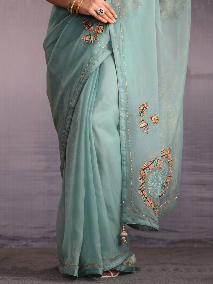 Libas Blue Embellished Tissue Saree with Applique Work