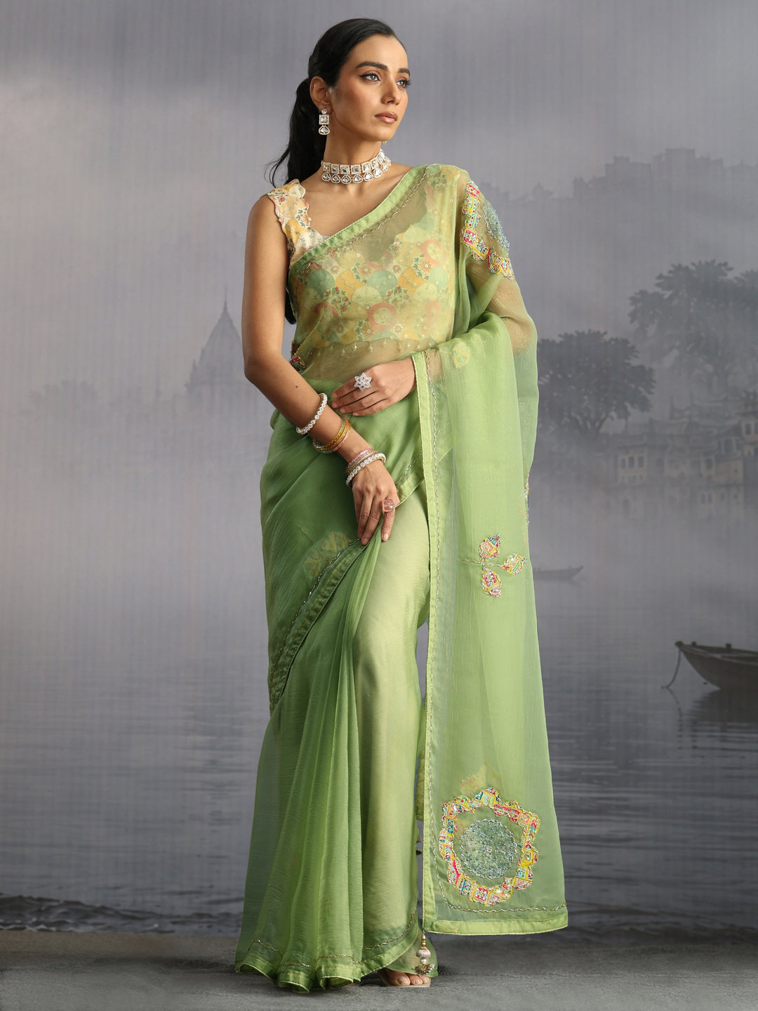 Libas Green Embellished Tissue Saree with Applique Work