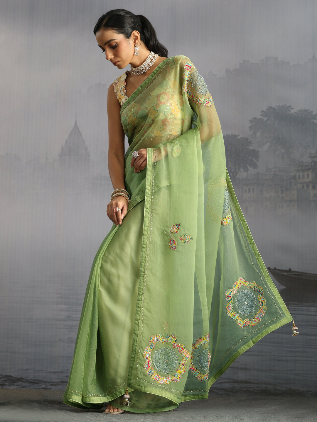 Libas Green Embellished Tissue Saree with Applique Work