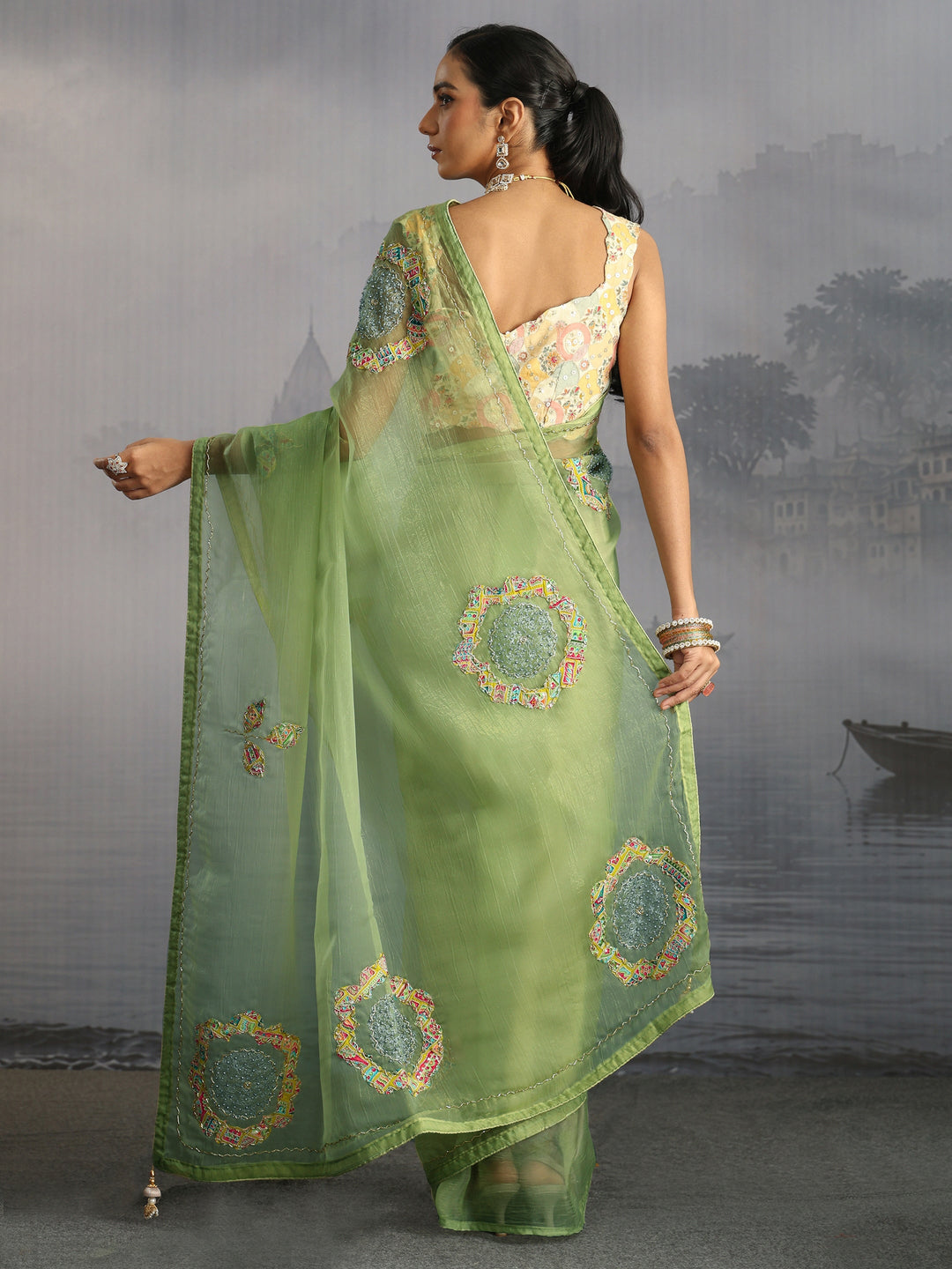 Libas Green Embellished Tissue Saree with Applique Work