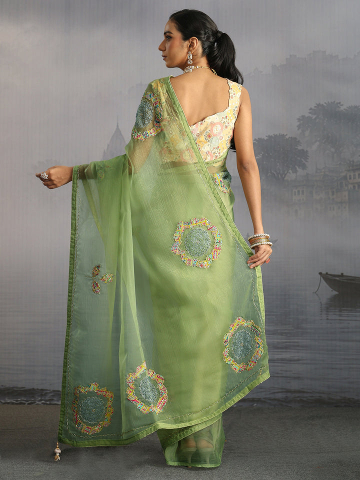 Libas Green Embellished Tissue Saree with Applique Work