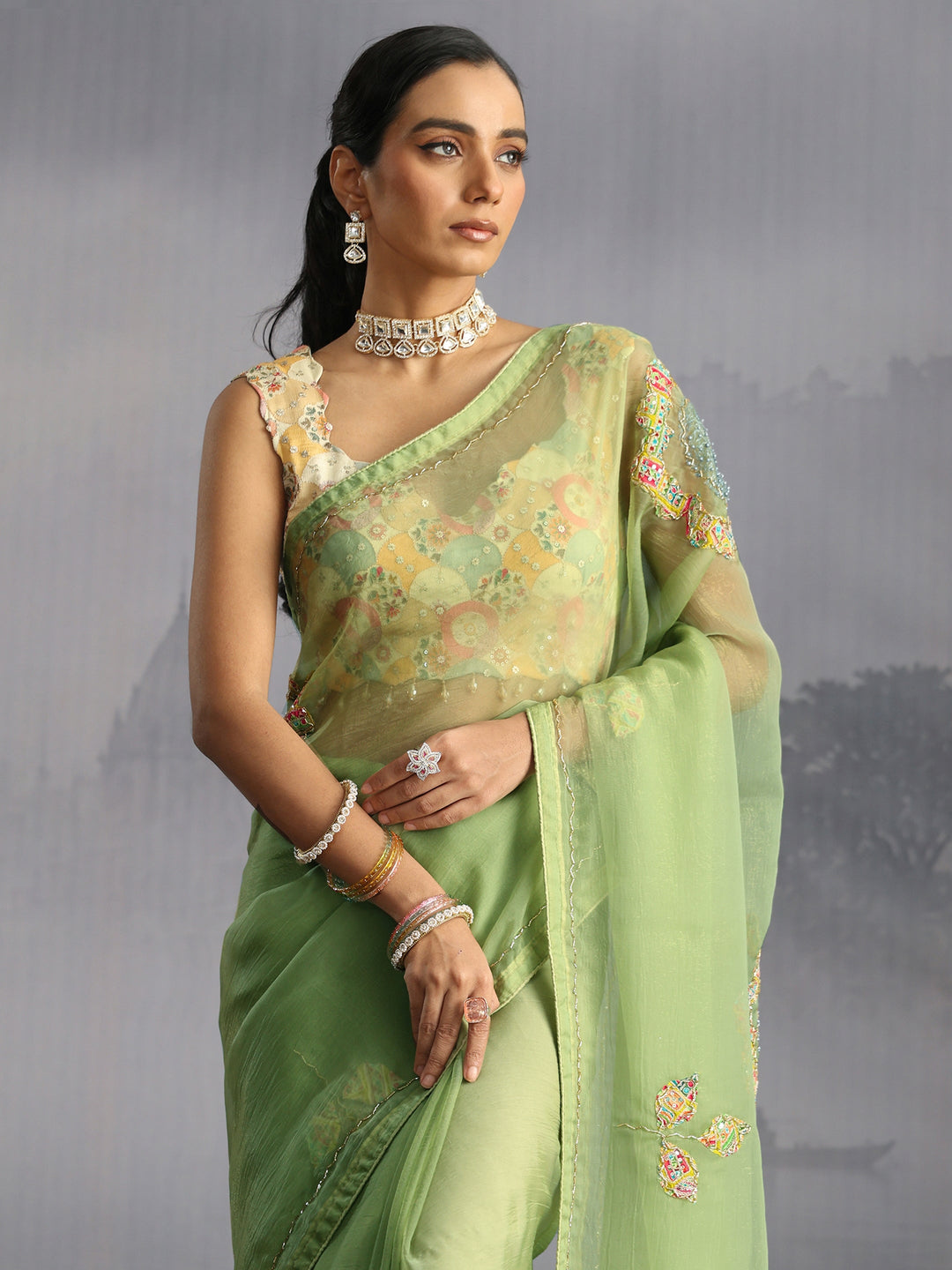 Libas Green Embellished Tissue Saree with Applique Work