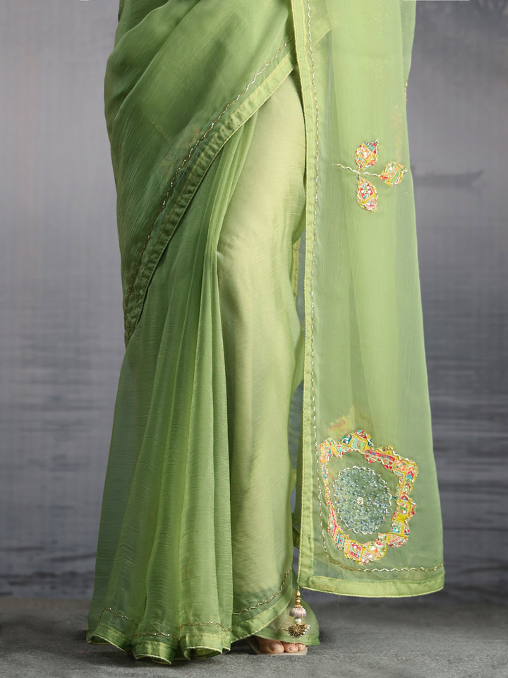 Libas Green Embellished Tissue Saree with Applique Work