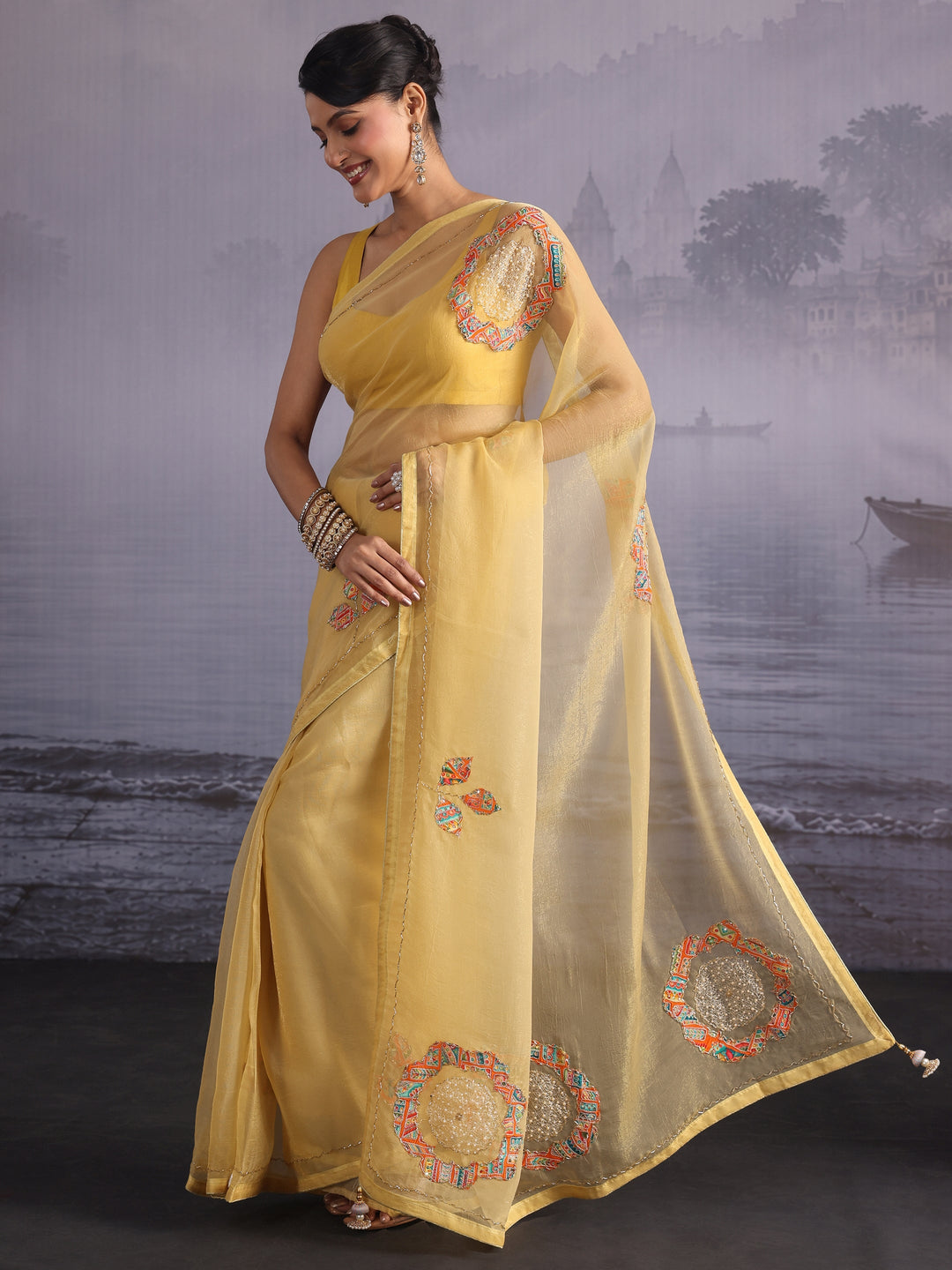Libas Mustard Floral Applique Embellished Tissue Saree