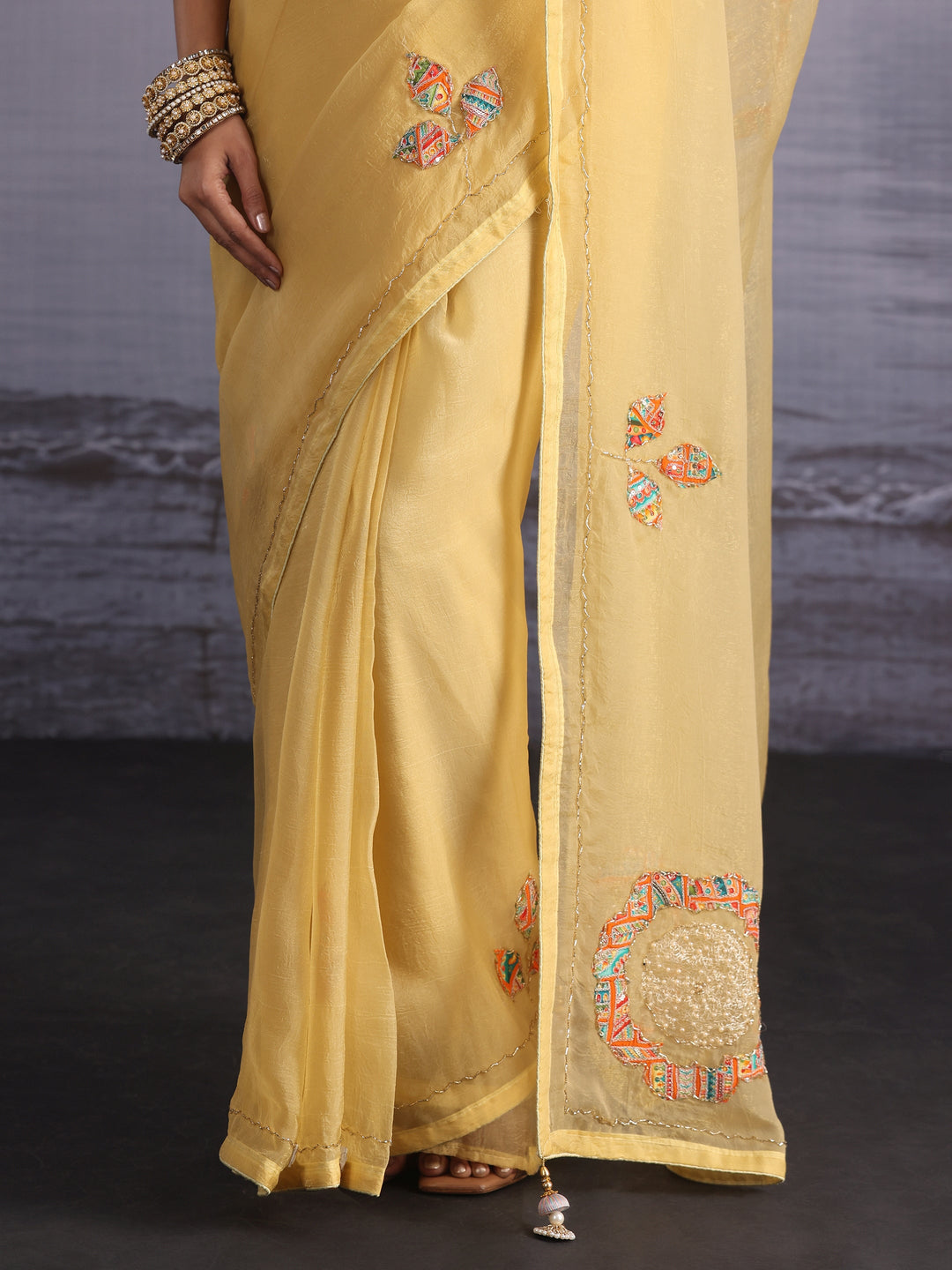 Libas Mustard Floral Applique Embellished Tissue Saree