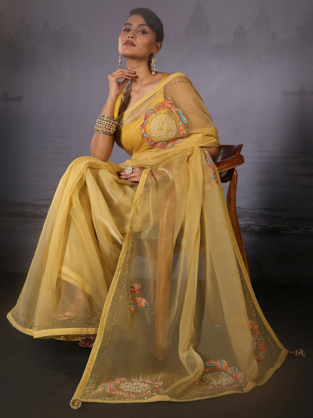Libas Mustard Floral Applique Embellished Tissue Saree
