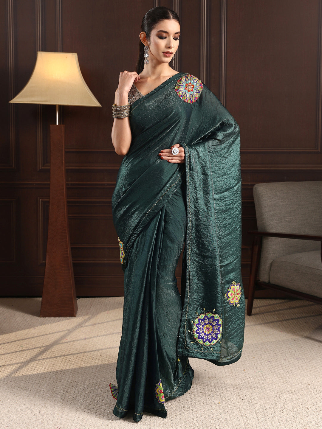 Libas Deep Teal Green Embellished Satin Saree with Applique Work