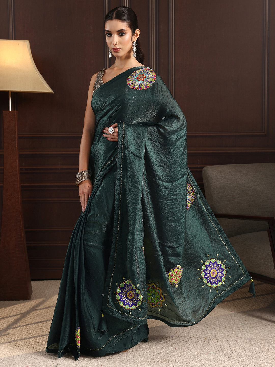 Libas Deep Teal Green Embellished Satin Saree with Applique Work