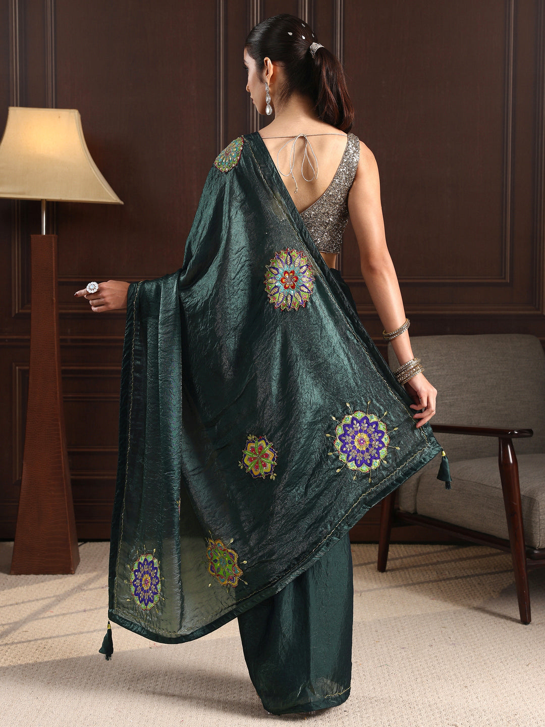 Libas Deep Teal Green Embellished Satin Saree with Applique Work