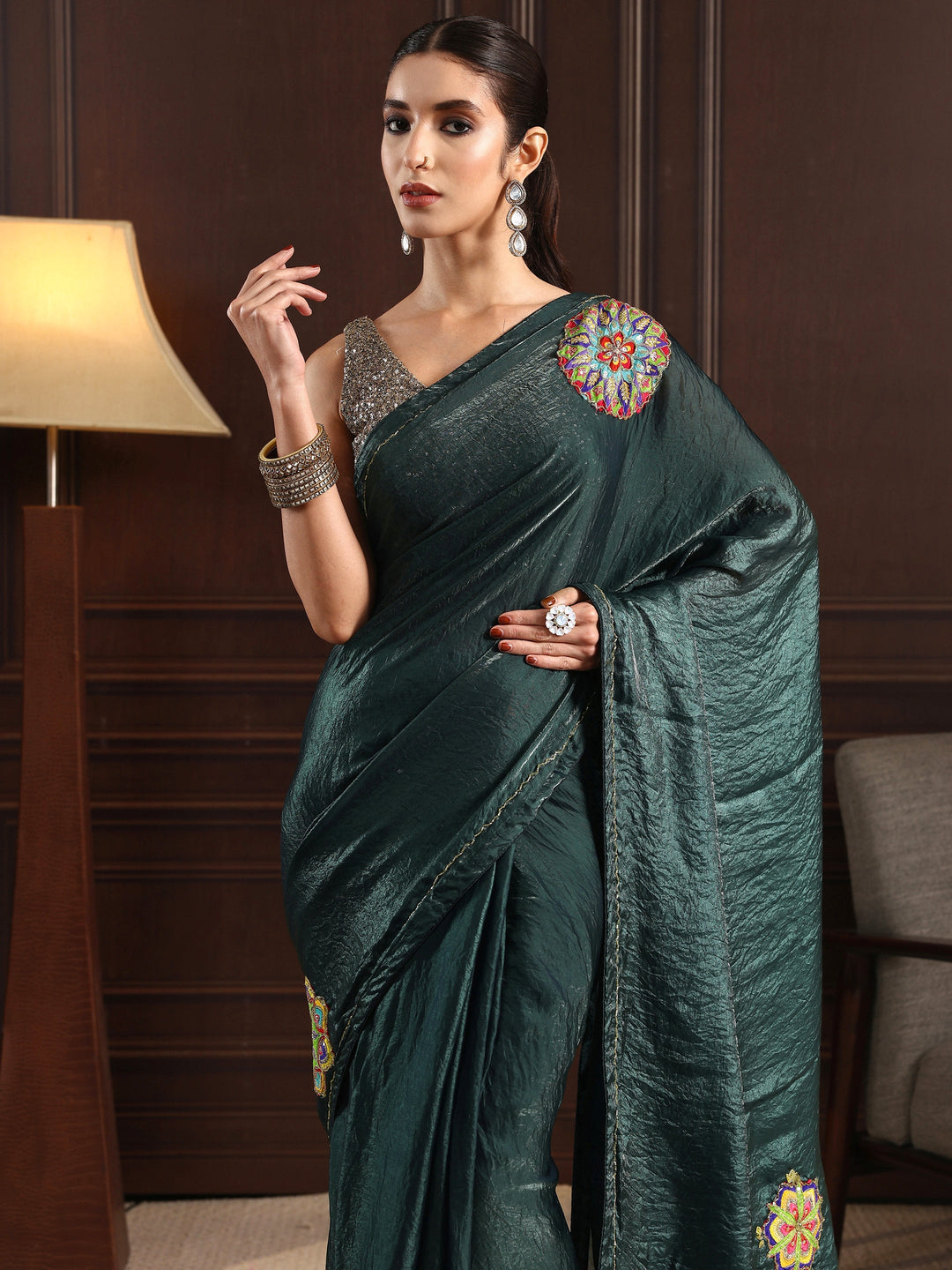 Libas Deep Teal Green Embellished Satin Saree with Applique Work