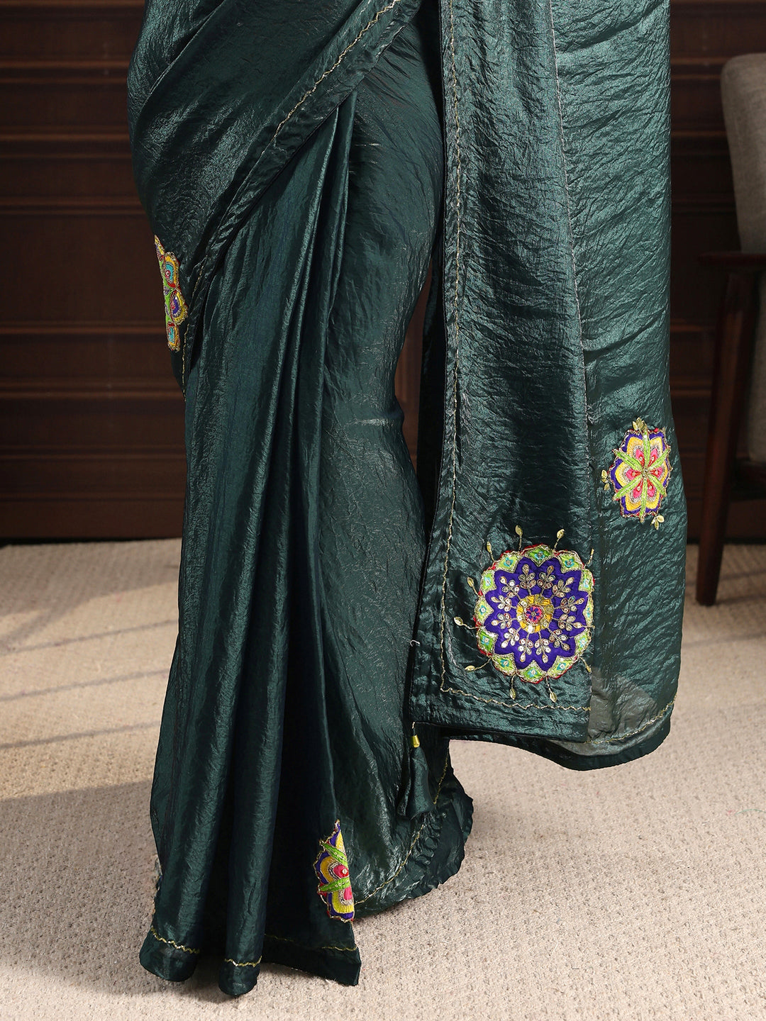 Libas Deep Teal Green Embellished Satin Saree with Applique Work