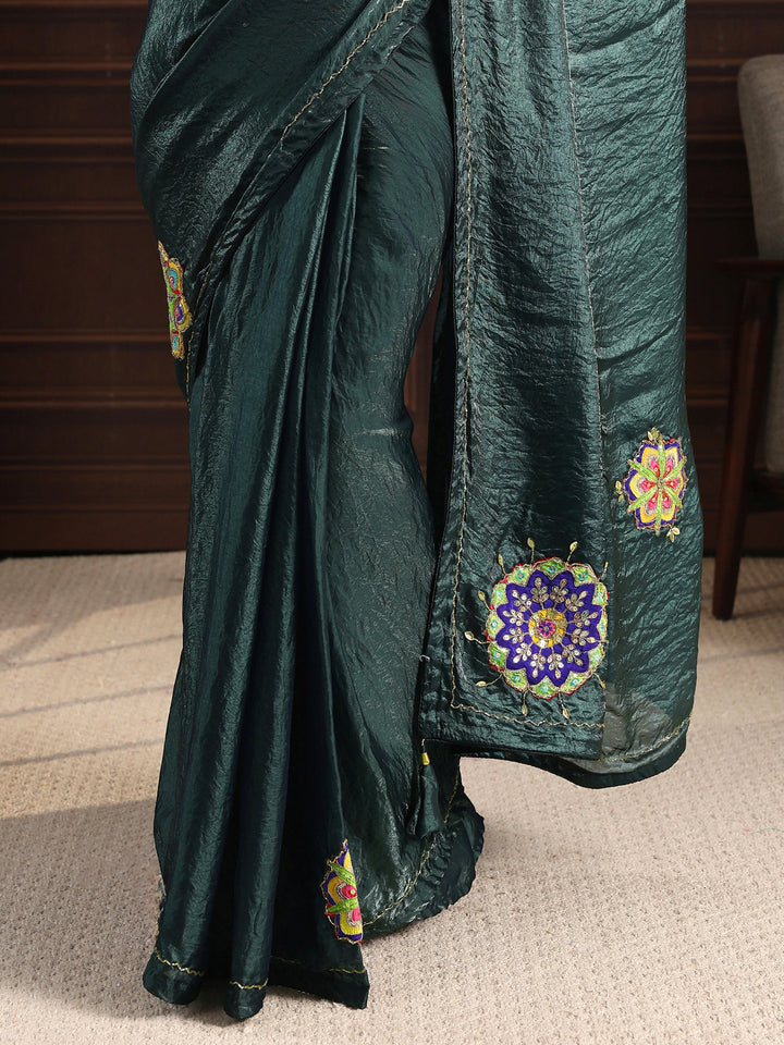 Libas Deep Teal Green Embellished Satin Saree with Applique Work