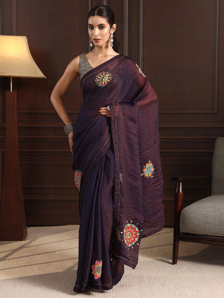 Libas Plum Purple Embellished Satin Saree with Applique Work