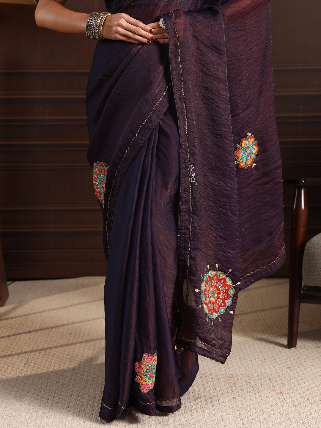 Libas Plum Purple Embellished Satin Saree with Applique Work