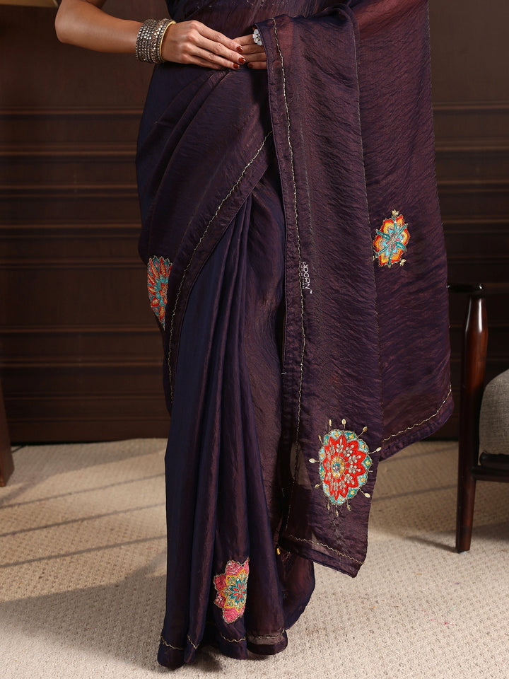 Libas Plum Purple Embellished Satin Saree with Applique Work