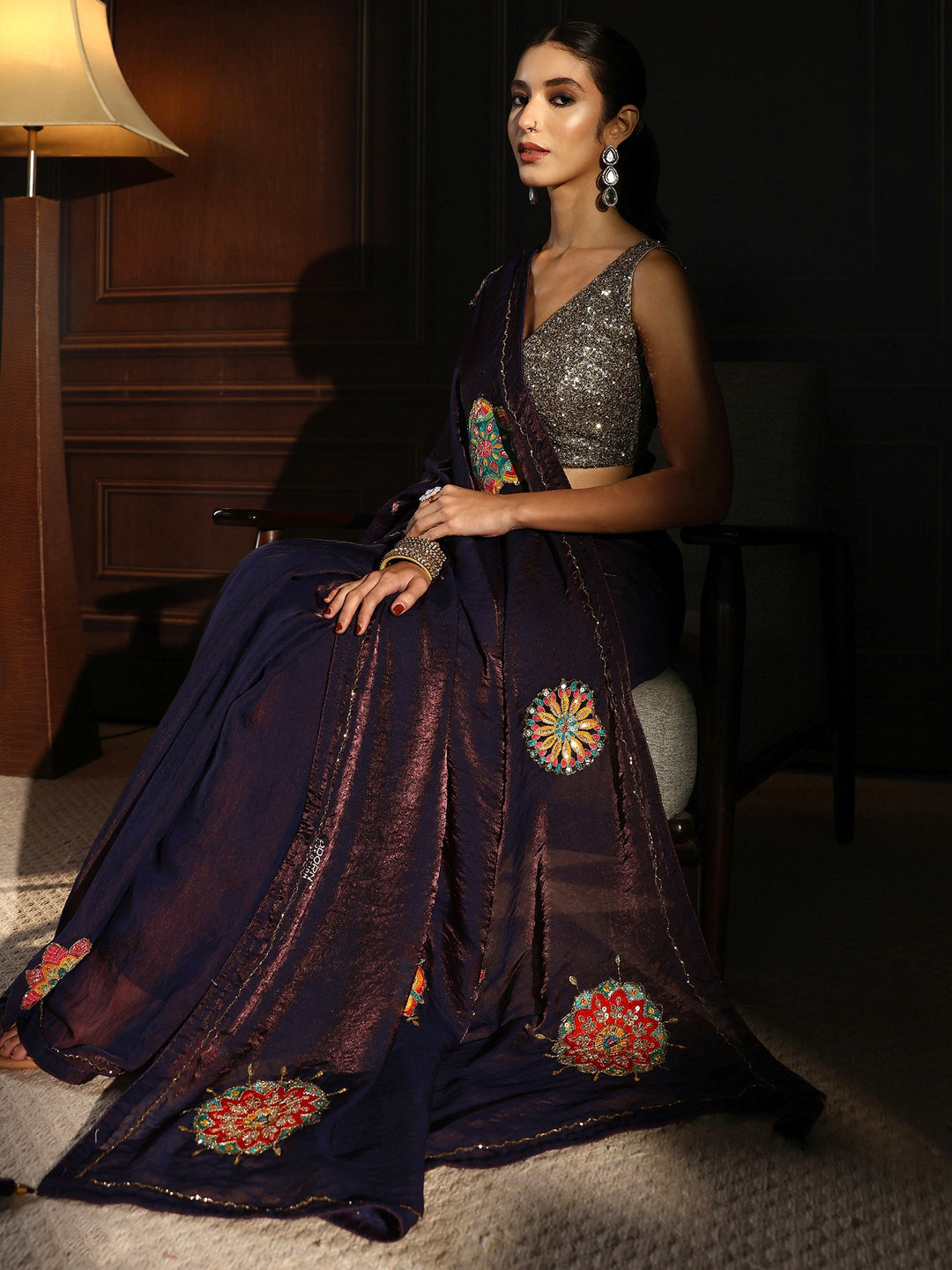 Libas Plum Purple Embellished Satin Saree with Applique Work