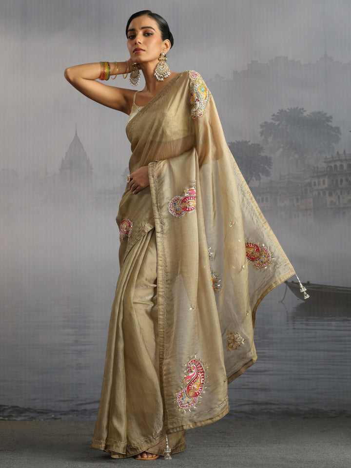 Libas Beige Embellished Tissue Saree with Applique Work