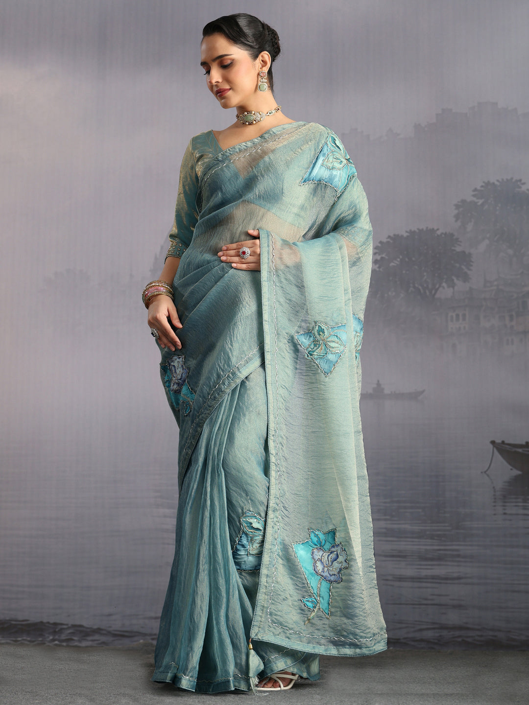 Libas Blue Embellished Tissue Saree with Applique Work