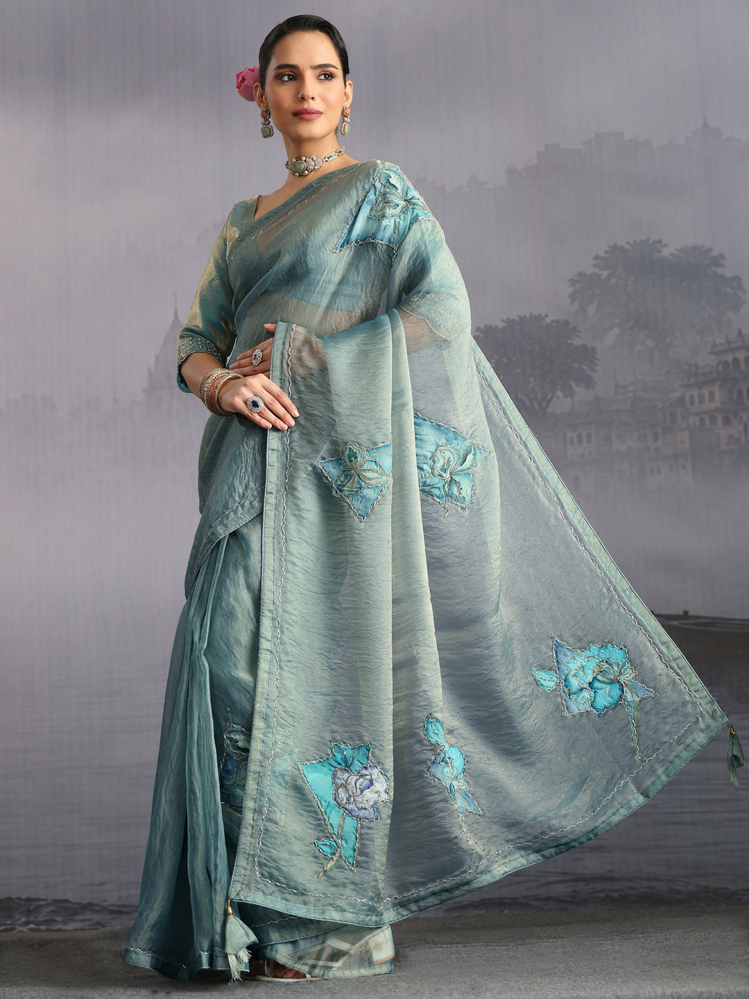 Libas Blue Embellished Tissue Saree with Applique Work