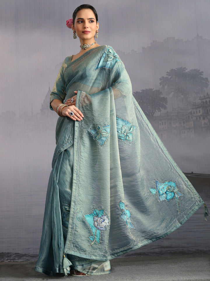 Libas Blue Embellished Tissue Saree with Applique Work
