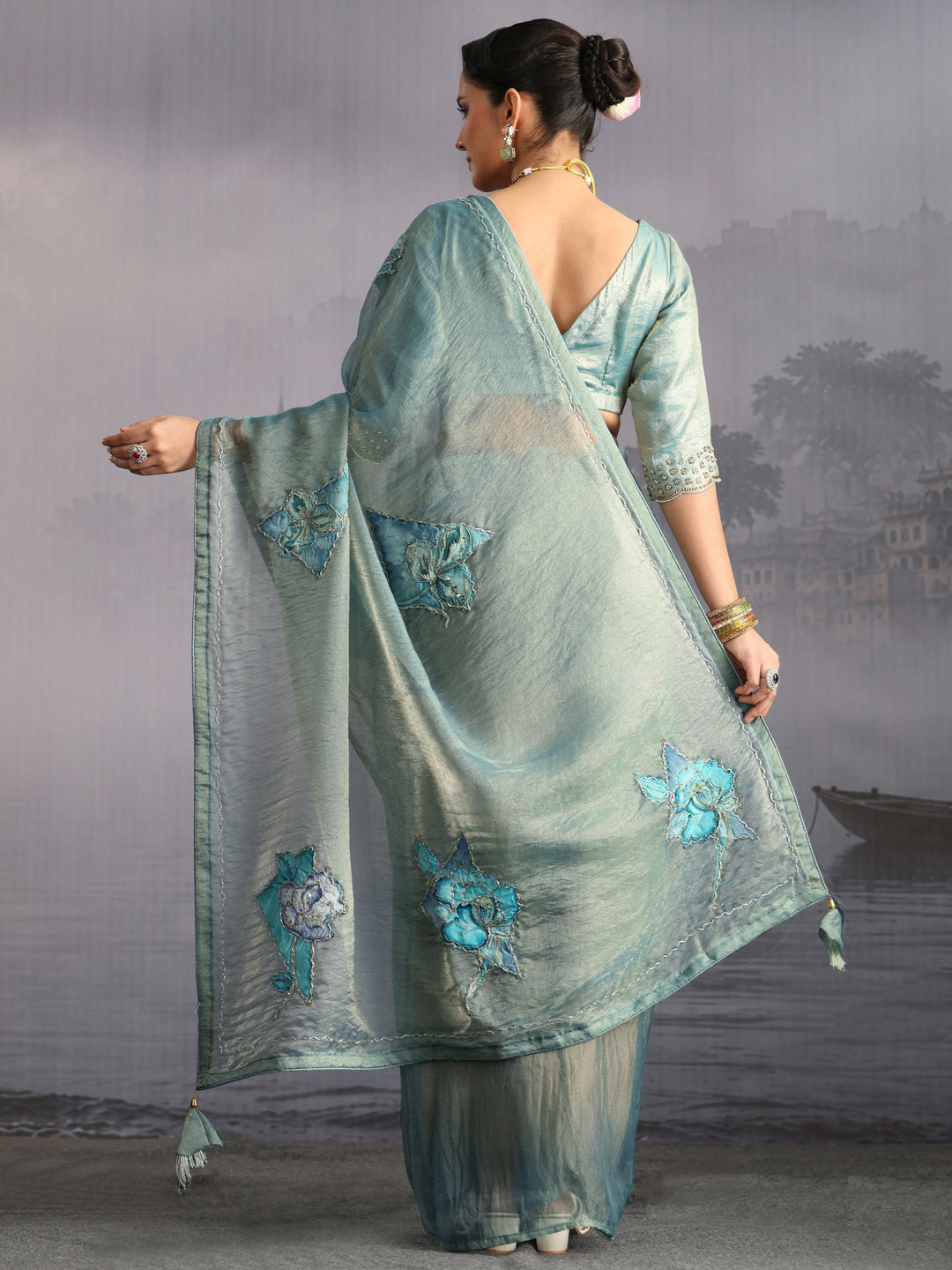 Libas Blue Embellished Tissue Saree with Applique Work