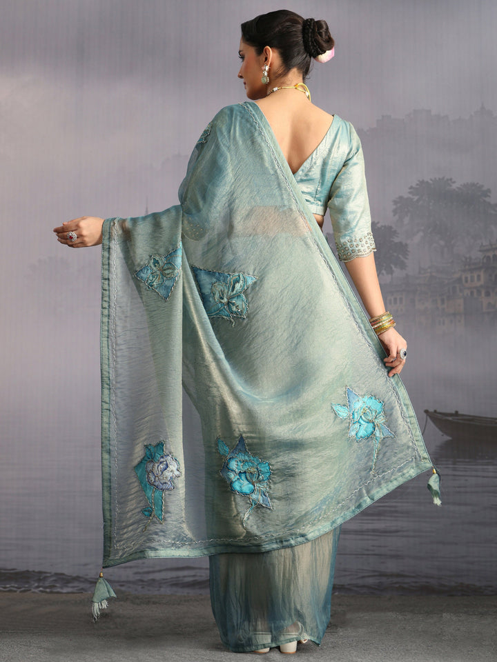 Libas Blue Embellished Tissue Saree with Applique Work
