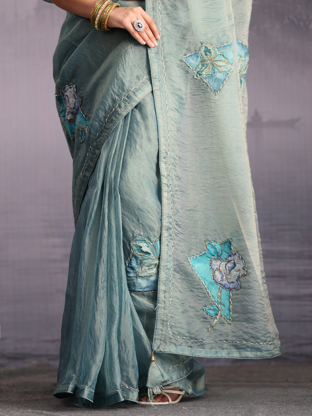 Libas Blue Embellished Tissue Saree with Applique Work