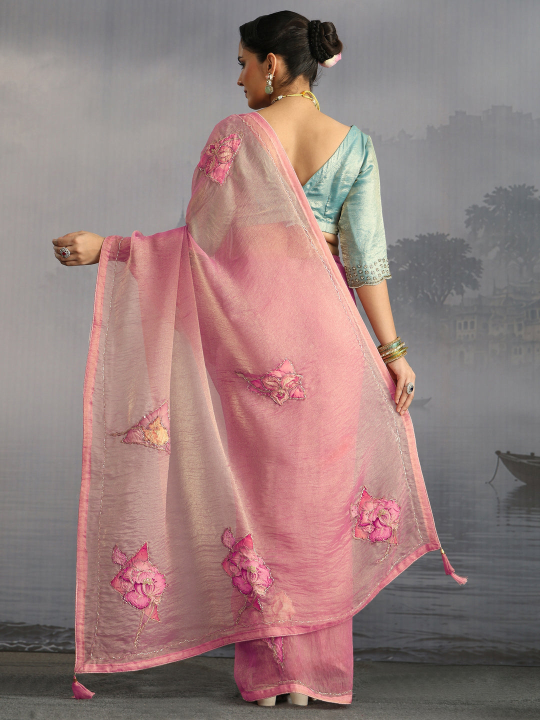 Libas Pink Embellished Tissue Saree with Applique Work