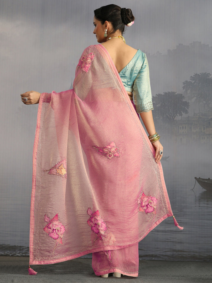 Libas Pink Embellished Tissue Saree with Applique Work