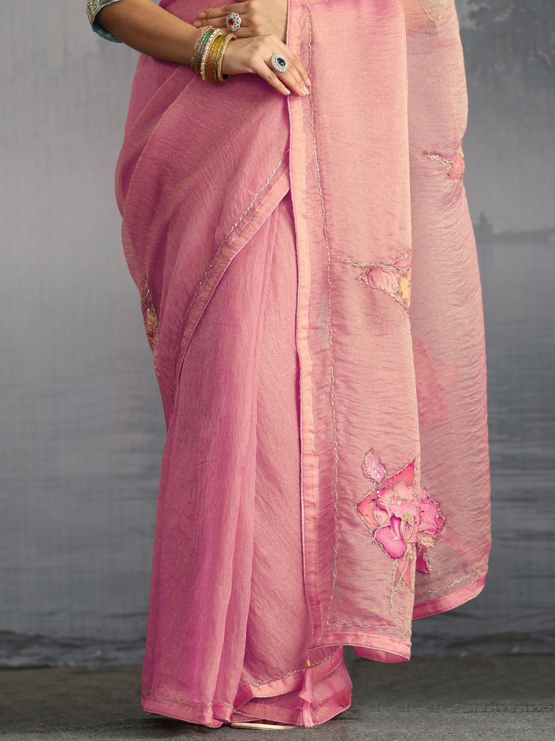 Libas Pink Embellished Tissue Saree with Applique Work