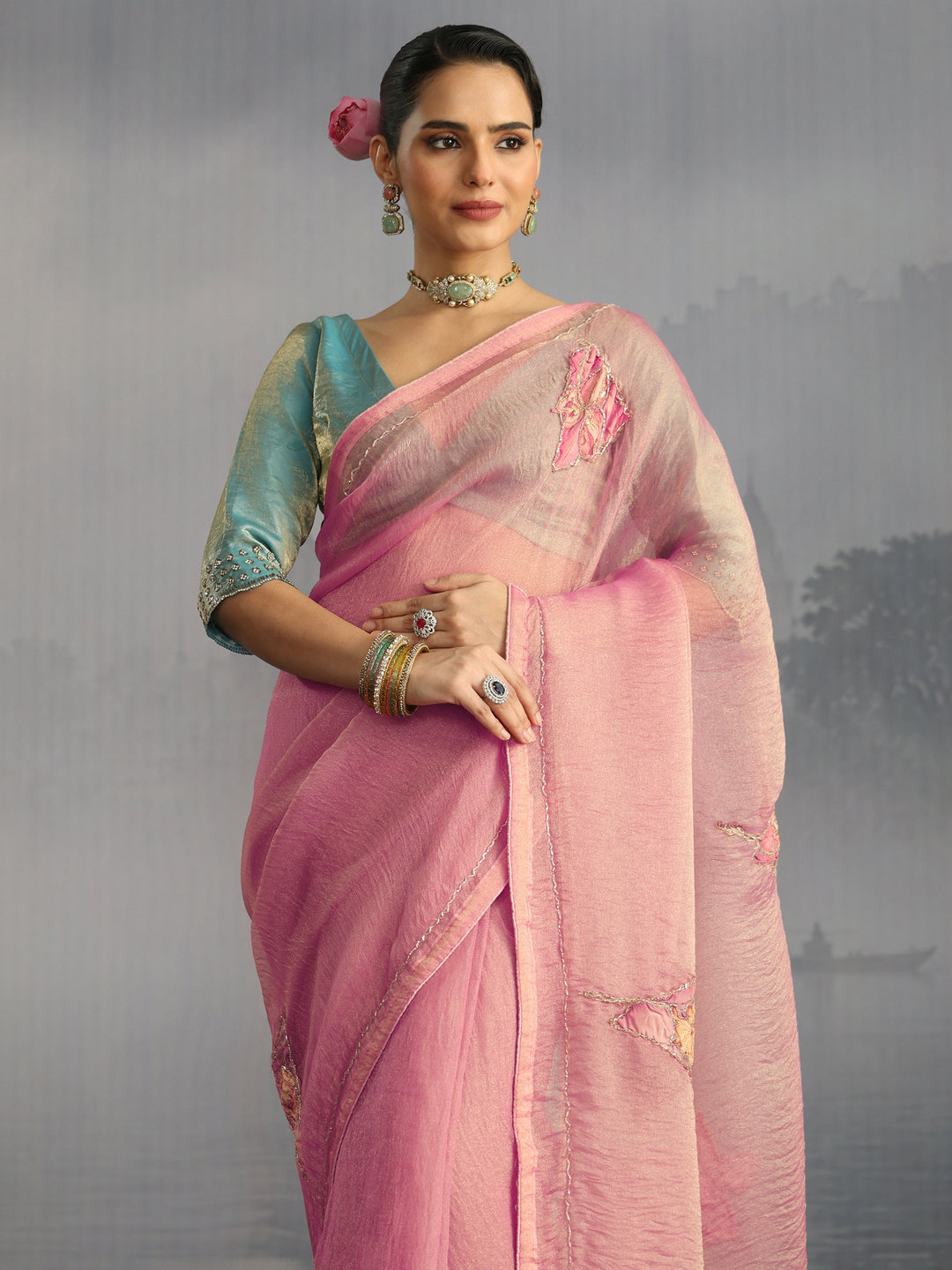 Libas Pink Embellished Tissue Saree with Applique Work