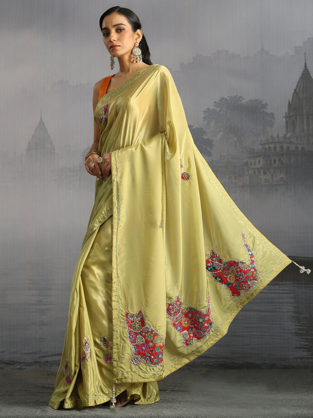 Libas Green Embellished Satin Saree with Applique Work