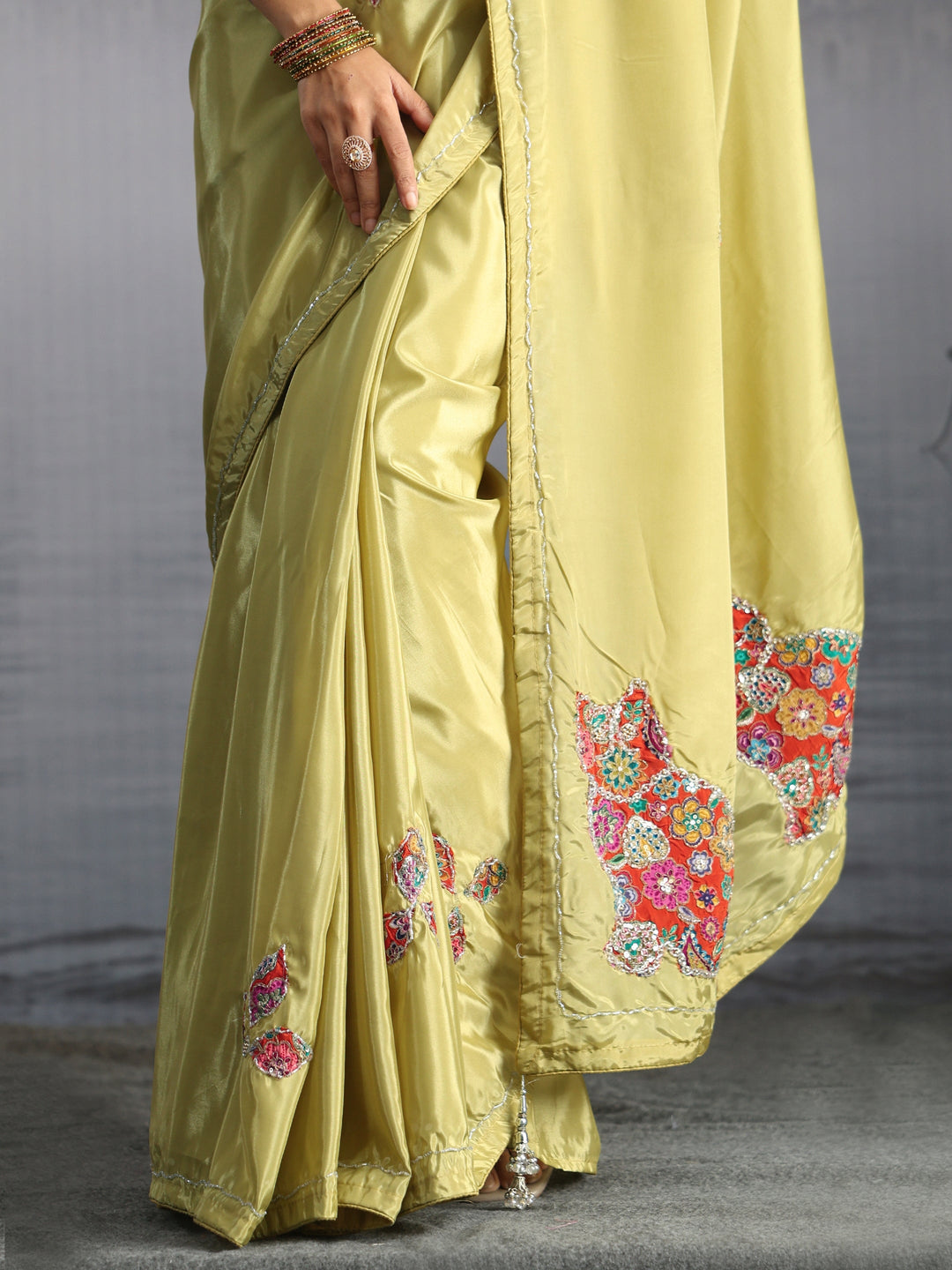 Libas Green Embellished Satin Saree with Applique Work