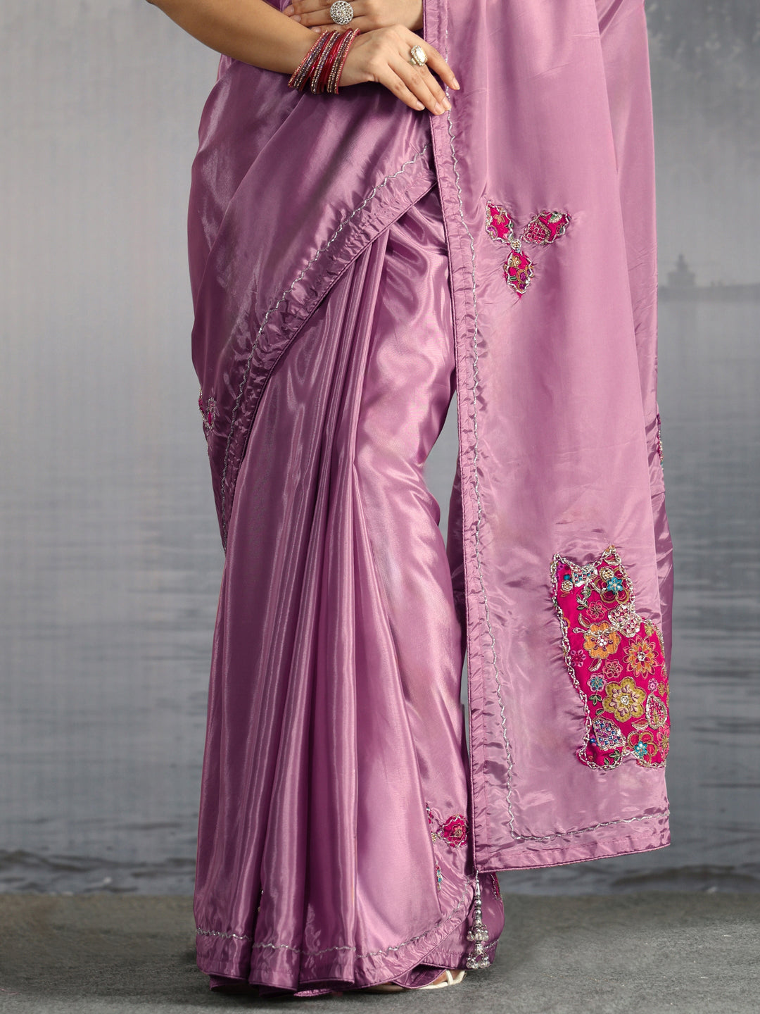 Libas Lavender Embellished Satin Saree with Applique Work