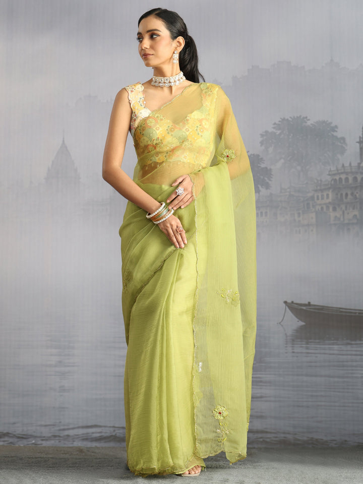 Libas Green Embellished Organza Saree with Applique Work
