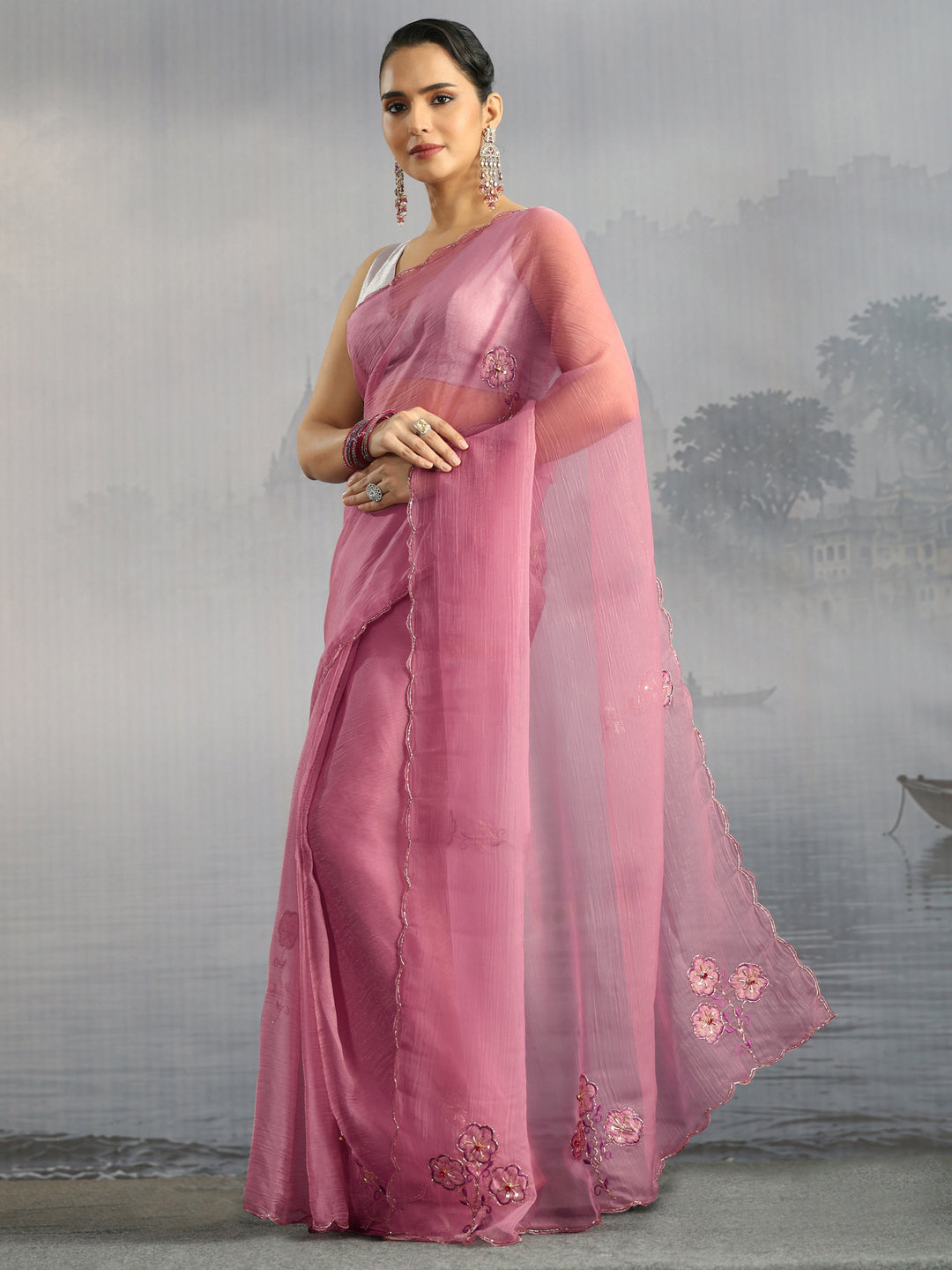 Libas Pink Embellished Organza Saree with Applique Work
