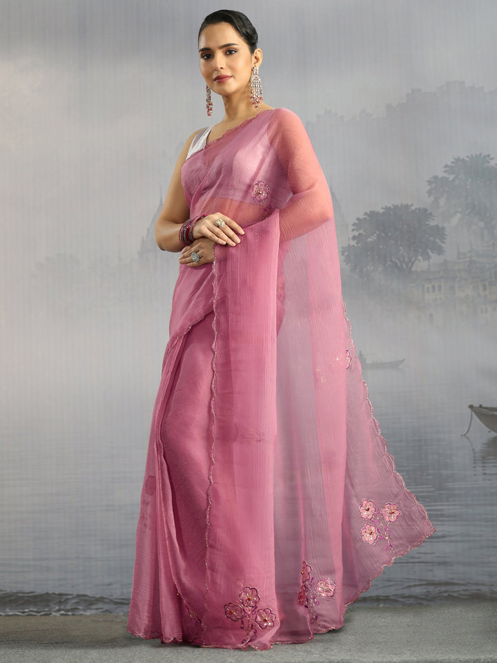 Libas Pink Embellished Organza Saree with Applique Work