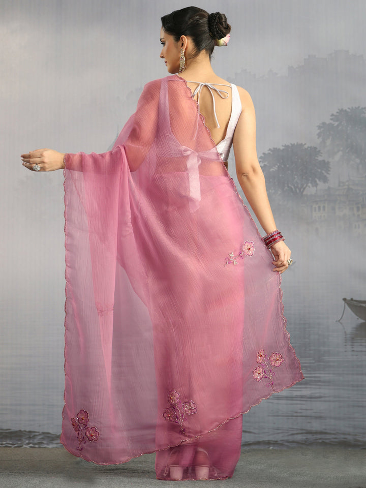 Libas Pink Embellished Organza Saree with Applique Work