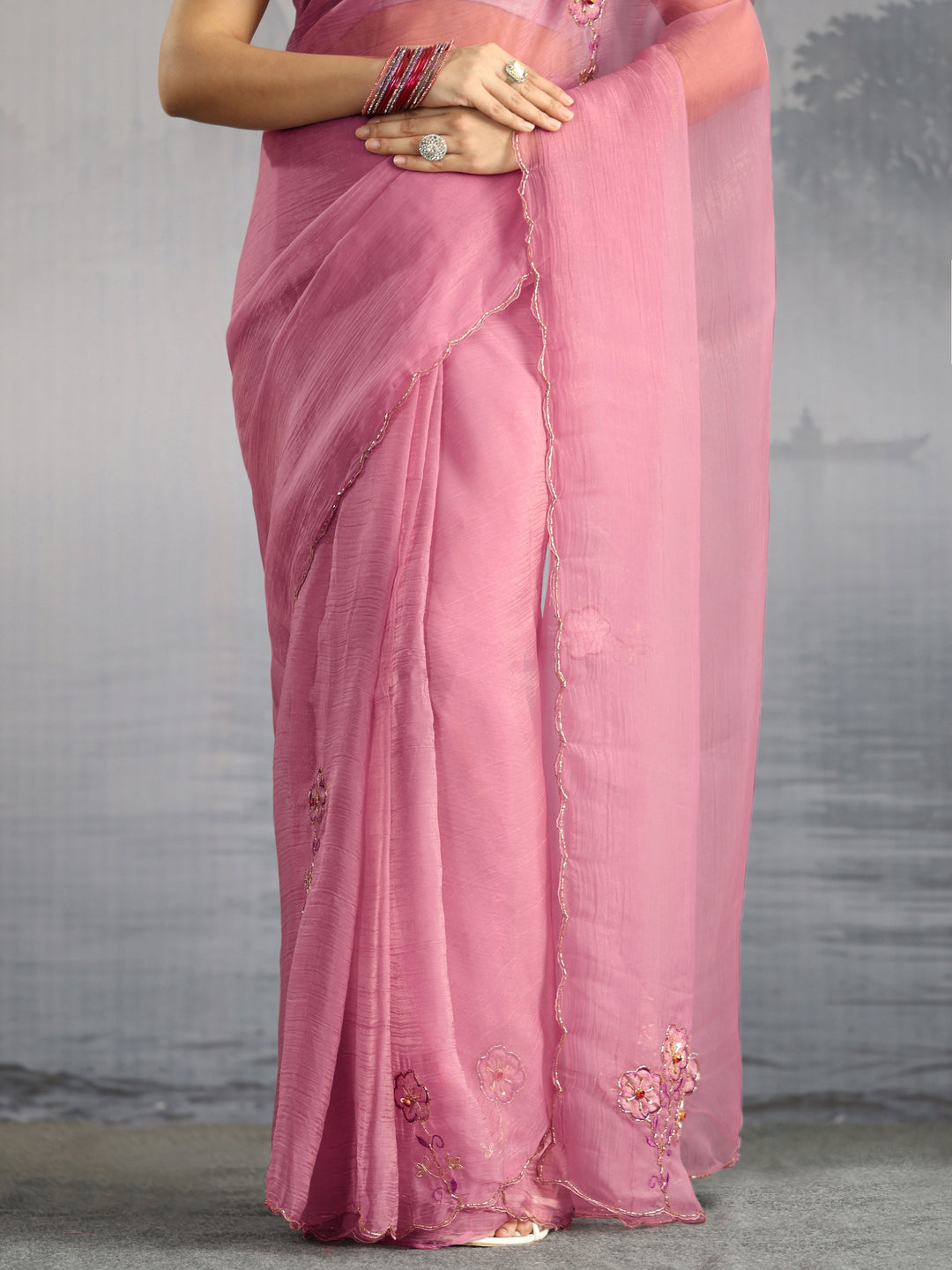 Libas Pink Embellished Organza Saree with Applique Work