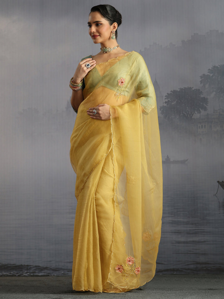Libas Mustard Embellished Organza Saree with Applique Work