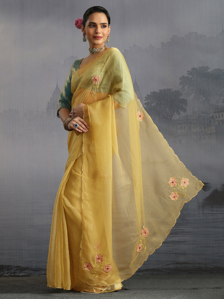 Libas Mustard Embellished Organza Saree with Applique Work