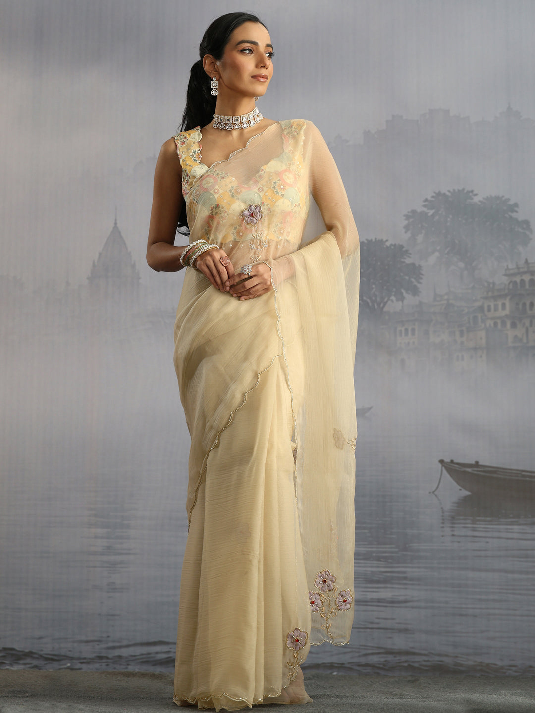 Libas Taupe Embellished Organza Saree with Applique Work