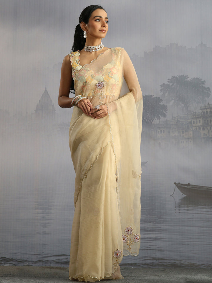 Libas Taupe Embellished Organza Saree with Applique Work
