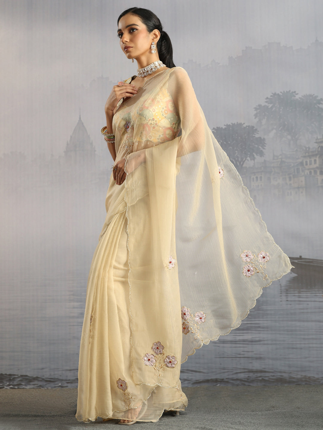 Libas Taupe Embellished Organza Saree with Applique Work