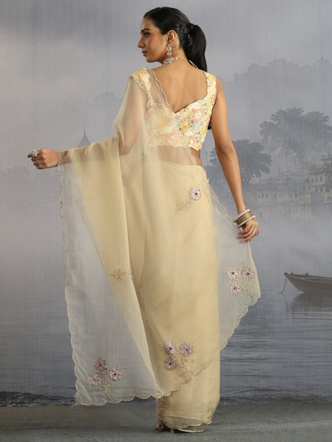 Libas Taupe Embellished Organza Saree with Applique Work