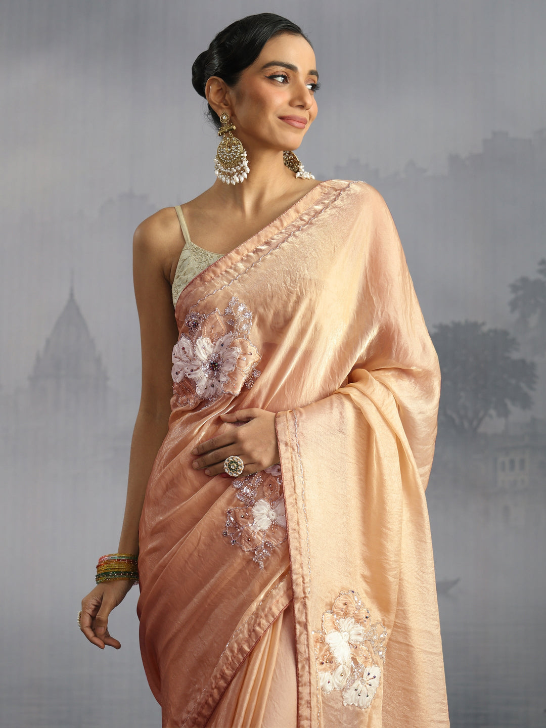 Libas Golden Embellished Tissue Saree with Applique Work