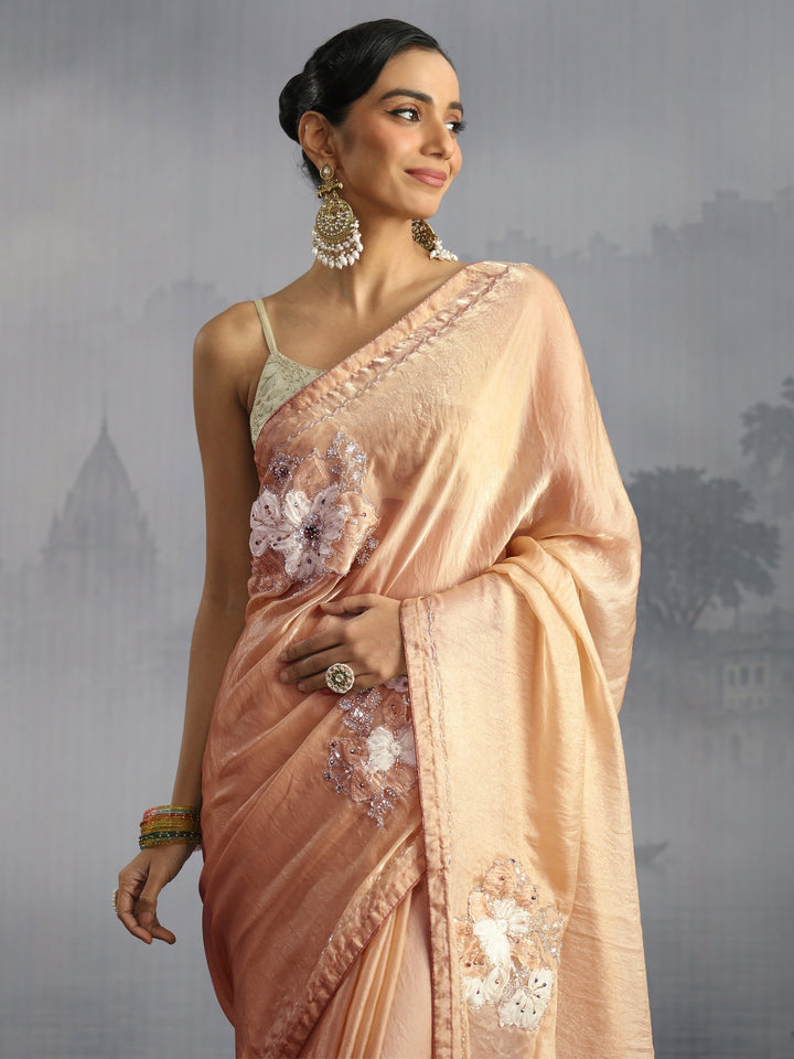 Libas Golden Embellished Tissue Saree with Applique Work
