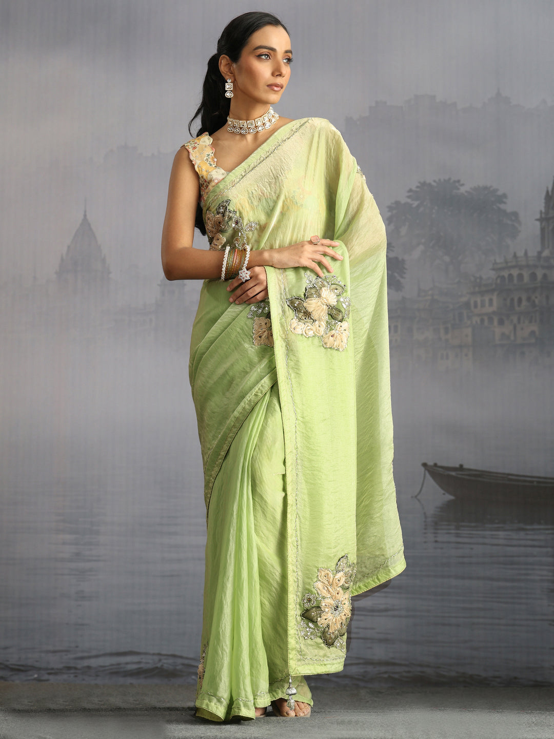 Libas Green Embellished Tissue Saree with Applique Work