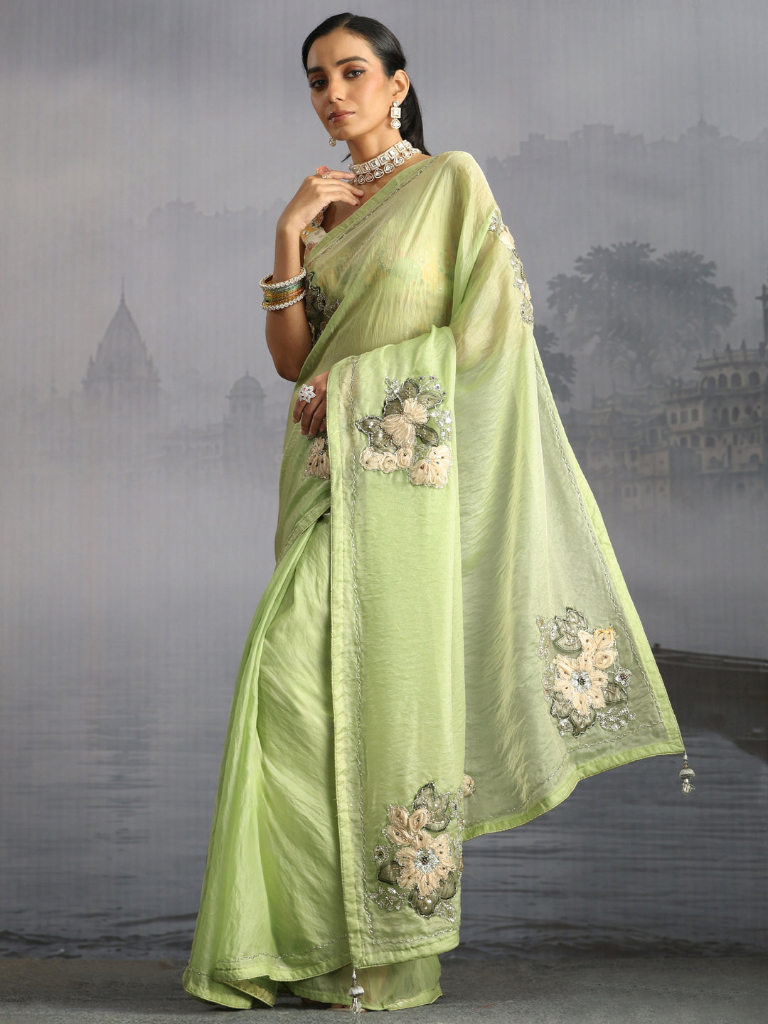 Libas Green Embellished Tissue Saree with Applique Work